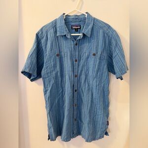 Patagonia Men's Worn Wear Casual Cotton and Hemp Blue Striped Button-Down Shirt